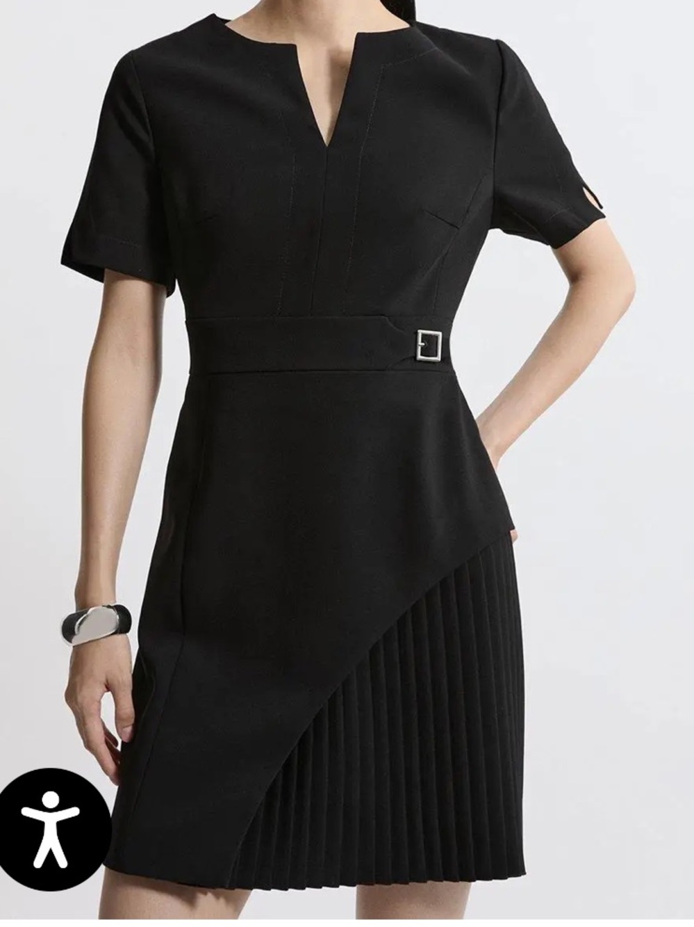 Karen Millen Black Short-Sleeve Belted Asymmetric Pleated Mini Dress